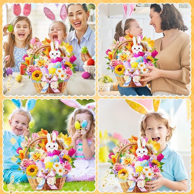3D Pop Up Easter Flower Basket Card with Music & Lights – Bunny, Eggs, Lily, Tulip, Daisy Bouquet – Envelope Included – Gift & Decoration