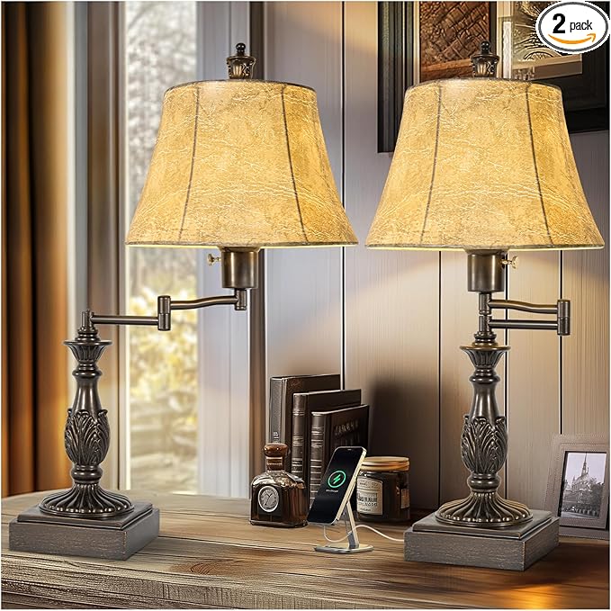 23.5" Rustic Traditional 350° Adjustable Swing Arm Table Lamp Set of 2 with USB A+C Ports Brown Finish Faux Leather Shade Vintage Nightstand lamp for Living Room Bedroom Office (Bulb Included)
