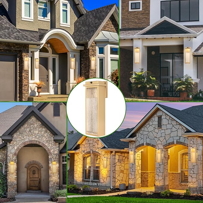 16" Dusk to Dawn LED Outdoor Light 2 Packs, Gold Outside Porch Lights Wall Mount, Large Exterior Lighting Fixtures with Rippled Glass, Waterproof Modern Wall Lantern for House, Patio