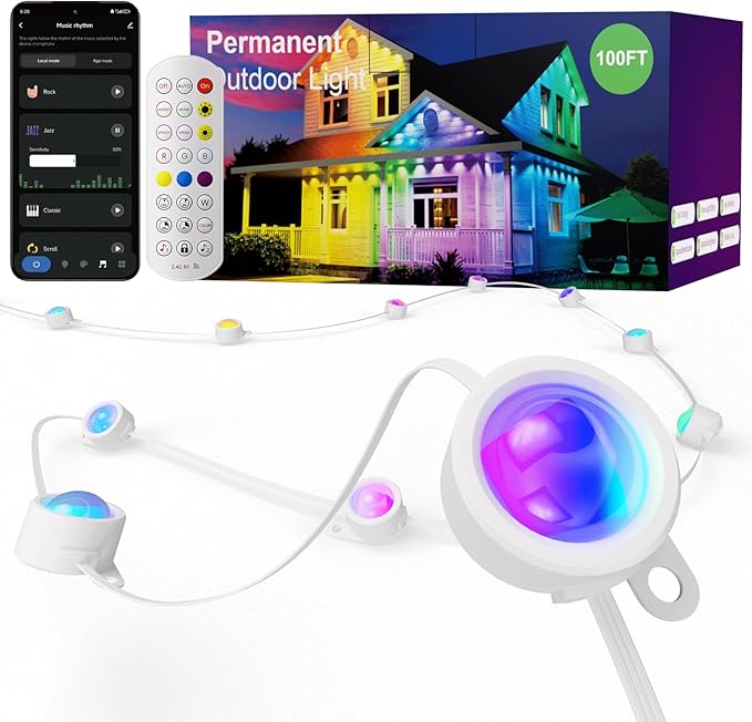 ISOPHO Permanent Outdoor Lights, Smart RGB String Lights with 75 Scene Modes, 100ft Eaves LED Light, Waterproof IP67, Applicable to All Holidays, Parties, Halloween, Christmas, App & Remote Control