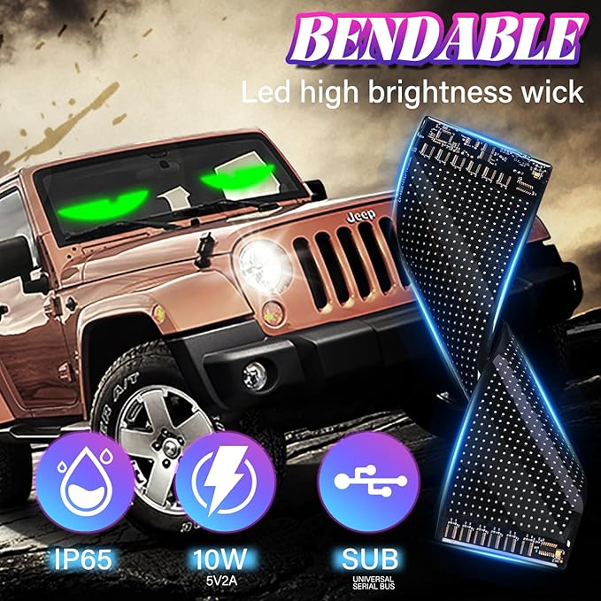 Devil Eyes for Car Windshield 14.7" x 3.6"- Dynamic RGB Car Accent Lights, Wireless App Control & DIY Text- Easy Peel-and-Stick Installation Warning Lights Universal Fit for Cars, Trucks