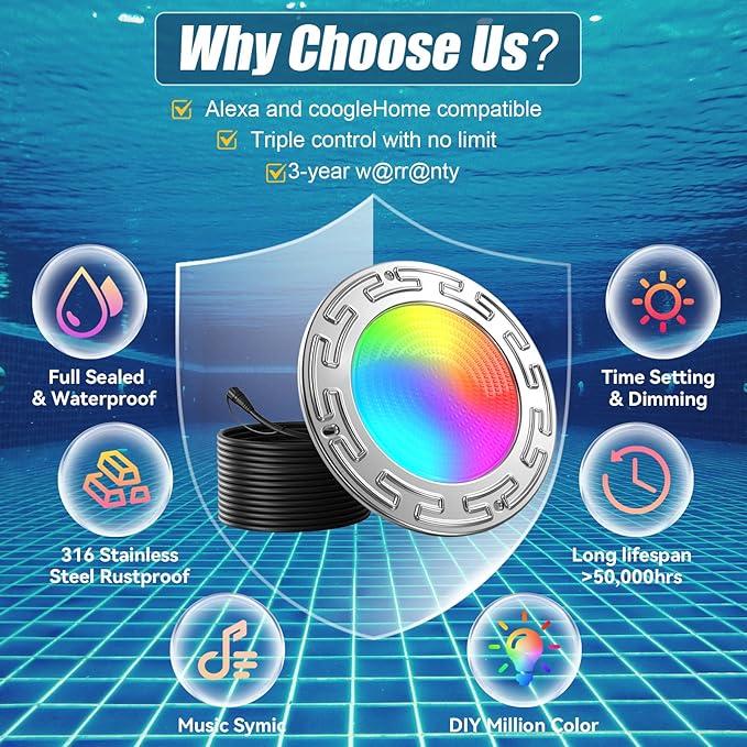 120Ft 6Inch Led Smart WiFi Spa/Pool Lights for Inground Pool with 3 Control Way (APP/Remote/Controller), 20W Led Multicolor Changing Underwater Swimming Pool Light for Wet Niches