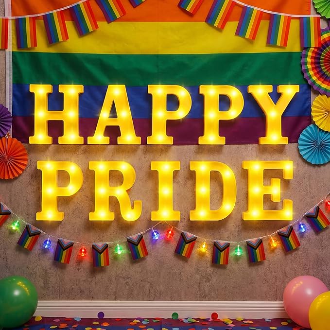 10 Pcs Happy Pride Decorations Pride LED Letter Sign Battery Powered Rainbow Party Deco Transgender Pansexual Bisexual LGBT Gay Table Decorations for Party Supplies