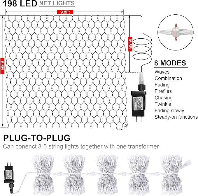 weillsnow 198 LED Halloween Net Lights,9.8FT*6.6FT Connectable Plug in Waterproof Mesh Lights with 8 Modes, Halloween Decorations Outdoor for House, Garden, Bush Decor