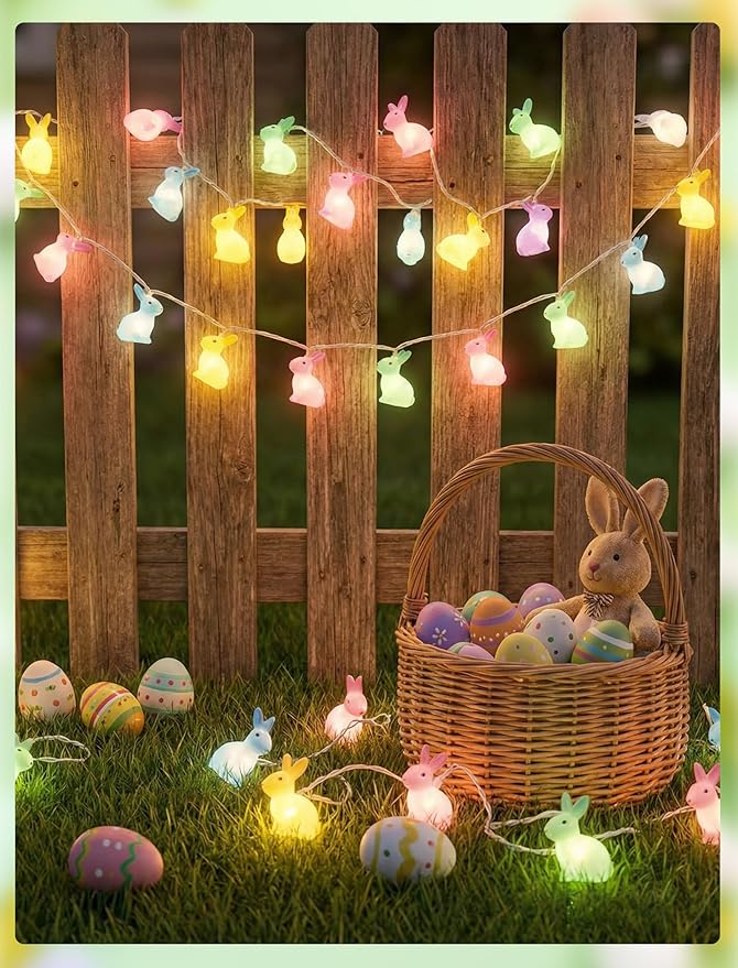 GOOTHY Easter Rabbit String Lights Plug in, Indoor Outdoor Easter Decorations Lights with 10 LED Colorful Bunny Light, Hanging Spring Pastel Bunny Lights for Party Garden Birthday Wedding Home Decor