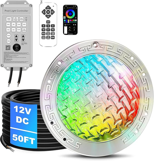 CAtArt 10 Inch Pool Lights for Inground Pool, 12V DC Color Changing LED Pool Light 300W Equivalent, 3-Way Control (Remote/Controller/APP), Fits Large 10-Inch Wet Niches, 50FT Cord