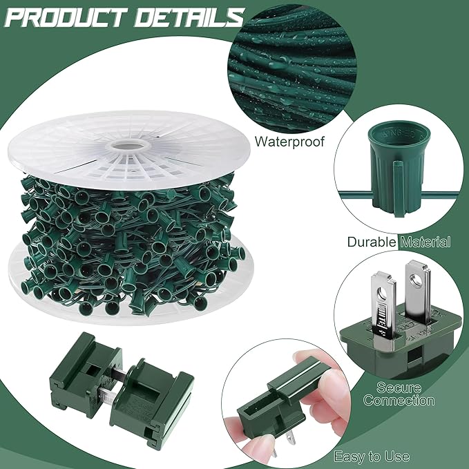 Fovths 500 Ft C9/E17 Christmas Light Sockets Set Outdoor UL Listed String Light Include 500 E17 Socket with 100 Clips, 40 Female Male Plug, Stringer Spool Christmas C9 Green Wire for Patio Event Decor