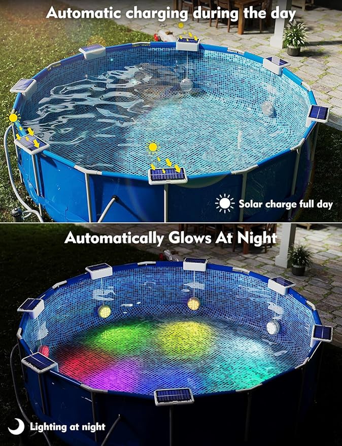 Solar Pool Lights, Solar Powered Submersible LED Lights with Remote IP68 Waterproof Swimming Pool Lighting, 16 Colors Underwater Pool Light for Above Ground Inground Pool, Pond (White,2 Pack)