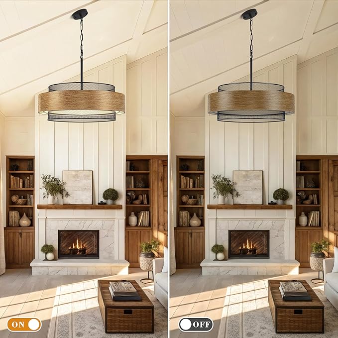 23.6 inch Farmhouse Chandeliers for Dining Room, 6-Light Rustic Large Black Drum Chandelier Metal Imitation Wood Round Hanging Lighting for Entryway Kitchen Island Foyer Bedroom Living Room