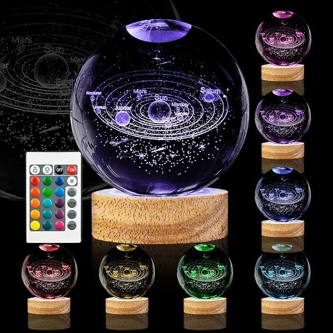 3D Solar System Crystal Ball Night Light 3.15 inch Galaxy Planet Glass Ball Lamp with 16 Color Change Wooden Base and Remote Control Astronomy Space Gifts for Kids Friend Birthday Christmas Room Decor