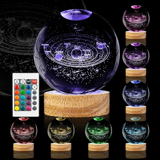 3D Solar System Crystal Ball Night Light 3.15 inch Galaxy Planet Glass Ball Lamp with 16 Color Change Wooden Base and Remote Control Astronomy Space Gifts for Kids Friend Birthday Christmas Room Decor
