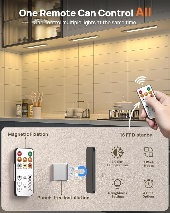 16in Under Cabinet Lighting with Remote Control,160 LED Motion Sensor Light Indoor,4000mAh USB Rechargeable Closet Lights,3 Color Temps Wireless Under Counter Lights for Kitchen,Pantry, Stair, 3 Pack