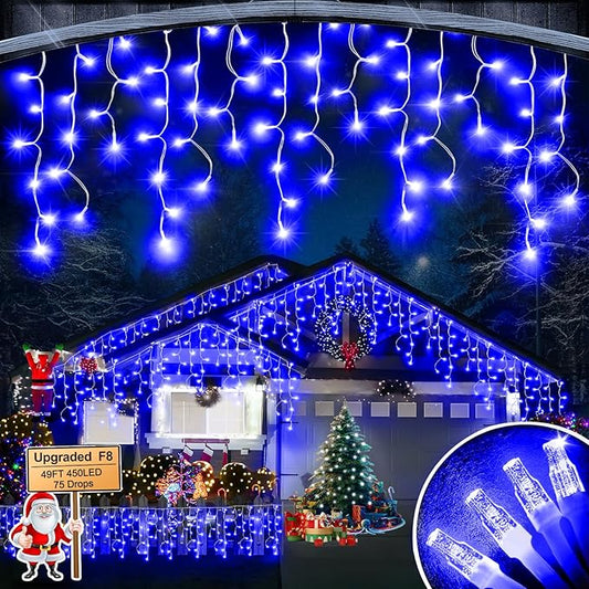 Christmas Lights Outdoor, 49FT 450 LED Ice Lights for Outside, Ice String Lights with 8 Modes, Waterproof Timer Memory Hanging Light for Eaves Party Yard Garden(Blue)