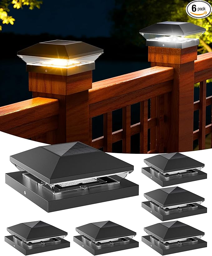 T-SUN Solar Post Cap Lights Outdoor 6 Pack, 2 Modes LED Fence Post Solar Lights Fit for 4x4 5x5 6x6 Vinyl/Wooden Posts, Waterproof Deck Post Lights Solar Powered for Garden Patio Gate Porch