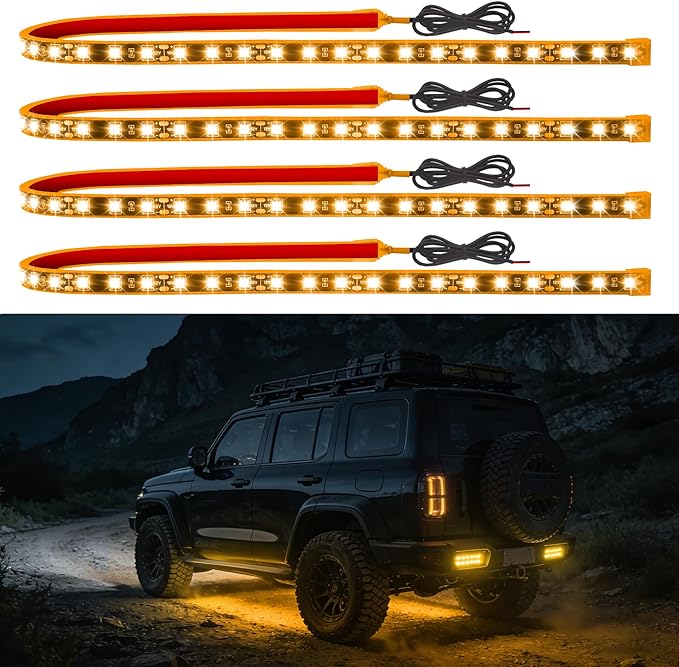 Led Light Strip Exterior Interior 24inch 5050 SMD Led Strip Light IP68 Waterproof Flexible Lights 12V for Car SUV Truck Marine Boat Golf Cart Yellow Pack of 4