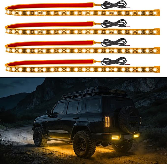 Led Light Strip Exterior Interior 24inch 5050 SMD Led Strip Light IP68 Waterproof Flexible Lights 12V for Car SUV Truck Marine Boat Golf Cart Yellow Pack of 4