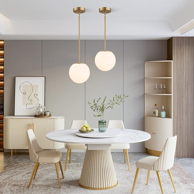 Modern Globe Pendant Light Mid Century Opal Glass Hanging Light Fixture Gold Finish, 2-Light Glass Pendant Lighting for Kitchen Island Dining Room Bedroom Hallway and Bathroom