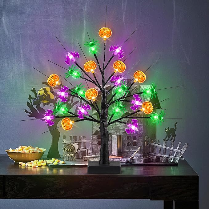 [Timer] Halloween Decor 18 Inch Black Halloween Tree with 24 LED Pumpkin Bat Spider Light, USB/Battery Operated Lighted Birch Tree Spooky Halloween Table Decorations Indoor Outdoor for Home Room Party