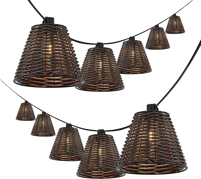 JONATHAN Y JYL8706C Payton 10-Light Indoor/Outdoor 10 ft. Classic Cottage LED G40 Faux-Rattan Shaded String Lights Coastal, Traditional, Farmhouse, Rustic, Patio, Porch, Backyard, Dark Brown