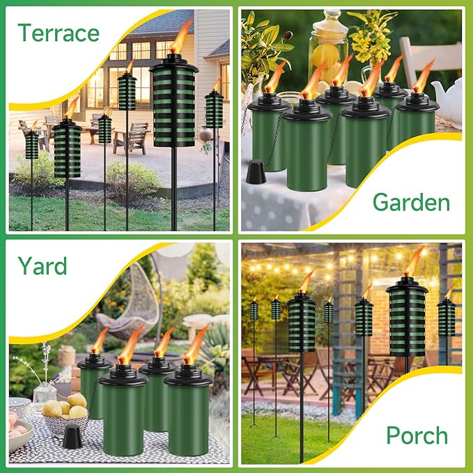 6 Pack Home Garden Torch, 16 Oz Outdoor Green Metal Torch Garden Décor,59-Inch Upgraded Citronella Torches with 3-Prong Grounded Stake, Metal Light Torches for Party Patio Pathway