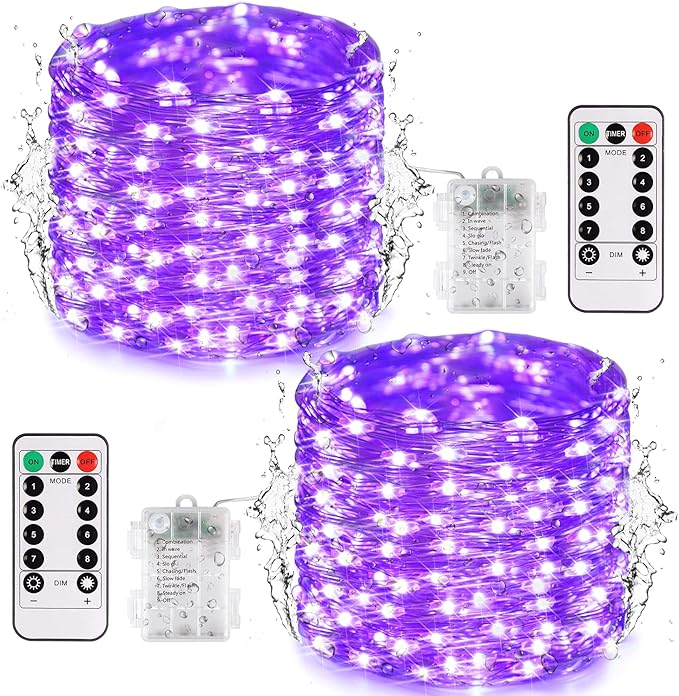 JMEXSUSS 2 Pack Halloween Fairy Lights Battery Operated, Total 400 LED 132ft Purple Halloween String Lights Indoor with Remote, 8 Modes Copper Wire Twinkle Lights for Bedroom Wall Tree Decor