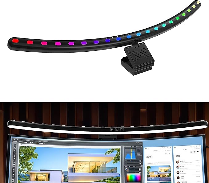 Curved Screen Light Bar Pro – RGB Music-Synced Ambient Lighting for 24”+ Monitors, Anti-Glare Desk Lamp with Touch Control, Stepless Dimming & Heavy-Duty Clamp