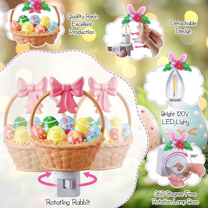 Easter Basket Egg Decorative Nightlight, Easter Cute Resin Plug in Light, 3D Egg Bow Basket Lamp Spring Indoor Bedroom Bathroom Home Decor Lighting Gifts for Kids, Holiday Lamp by C7 LED Bulb