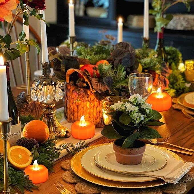 CESOF Pumpkin Tea Lights Decorations Fall Decor, 24 Pack LED Orange Pumpkin Lights Flameless Candles Battery Operated, Halloween Thanksgiving Flickering Tealight Candle for Home Table Indoor Party