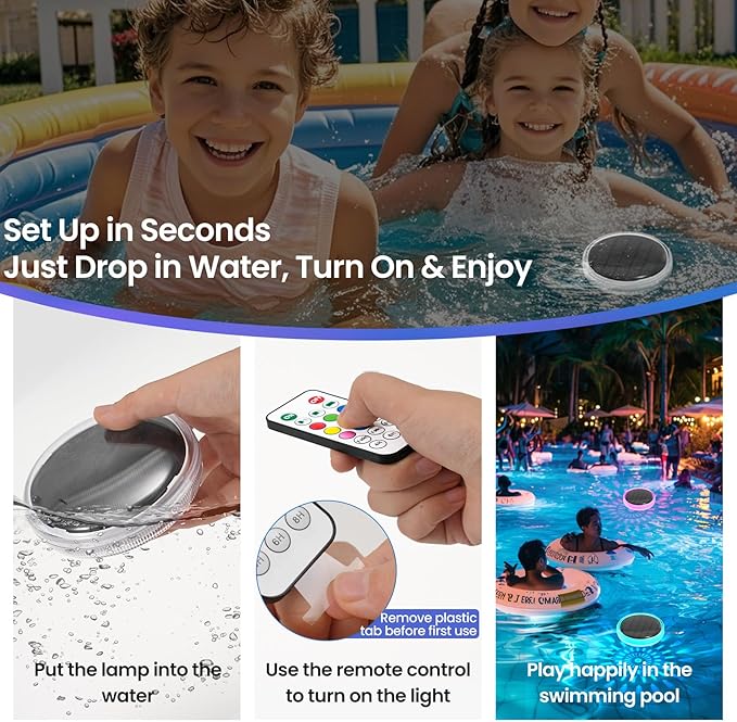 ORIMSBO® Floating Lights for Small Pools, Hot Tub, Pond, and Spa – Solar-Powered LED with RF Remote, 9 Color Modes, Brightness & Timer Control, IP67 Waterproof (2 Pack)