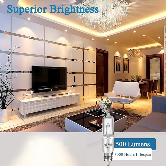 JDE11 120v 50w, E11 Halogen Light Bulb,Dimmable T4 Mini Candelabra Base(Replacement E11 Led Bulb), 2700K Warm White for Chandeliers, Ceiling Fan, Table Lamps, Cabinet Lighting, 4 Pack
