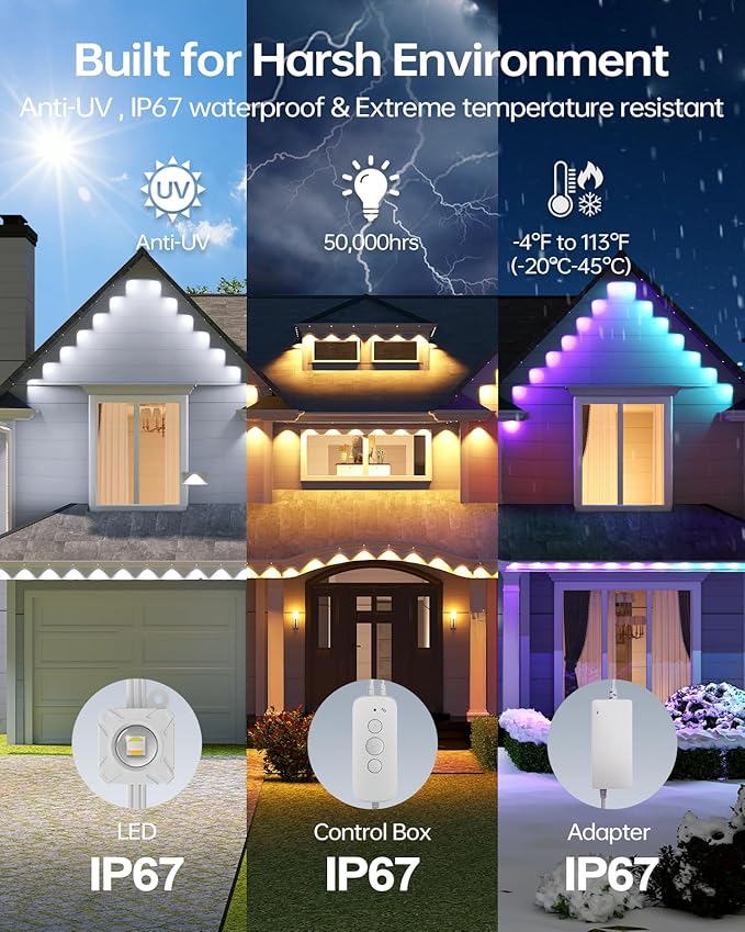 ASAHOM Permanent Outdoor Light Pro S108B, 100FT with 72 RGBCW 70lm LED, WLED Integration, AI Lighting, 30000 Lighting Effect Combination, IP67 Waterproof for Halloween Christmas and Daily Decor, White