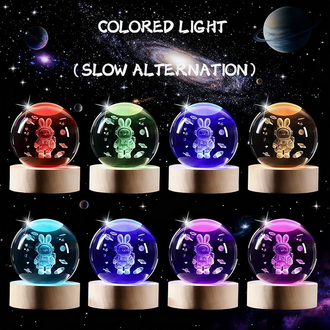 Easter 3D Crystal Ball Rabbit Decor Night Light, Easter Night Light Space Bunny Astronaut Gifts for Kids, Birthday Gift for Boy Gifts for Him Her Boyfriend Girlfriend