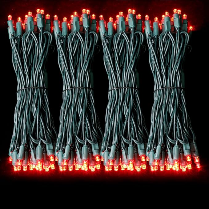 LAMPHOME 200LED (4pk of 50L) String Lights, LED Christmas Lights, 6" SPACING,Green Wire,RED