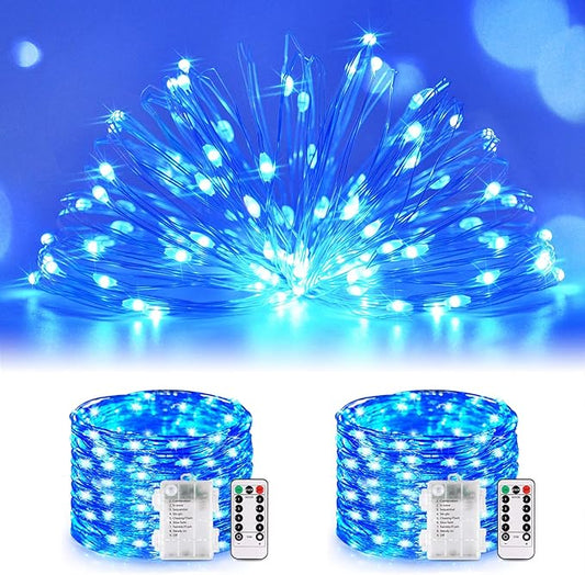 JMEXSUSS 2 Pack Fairy Lights Battery Operated, Total 200 LED 66ft Blue String Lights Waterproof with Remote Timer, Blue Christmas Lights for Bedroom Indoor Outdoor Wedding Party Xmas Tree Decor
