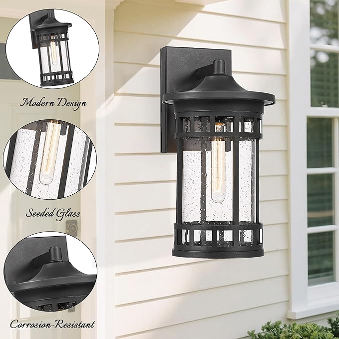 Outdoor Wall Sconce, Farmhouse Outdoor Wall Light with Seeded Glass, Waterproof Exterior Lighting Fixture, Anti-Rust Outside Lantern Lamp for Patio Yard Hallway Doorway Garage (Black,16.7 Inch Height)