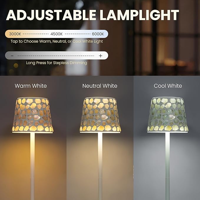 AELS Mosaic Touch Cordless Lamp, 5200mAh Rechargeable Portable LED Desk Lamp, 3 Color Stepless Dimming Battery Powered Lamp, Wireless Table Light for Wedding Dinner Patio Garden Cafe Bedroom, White