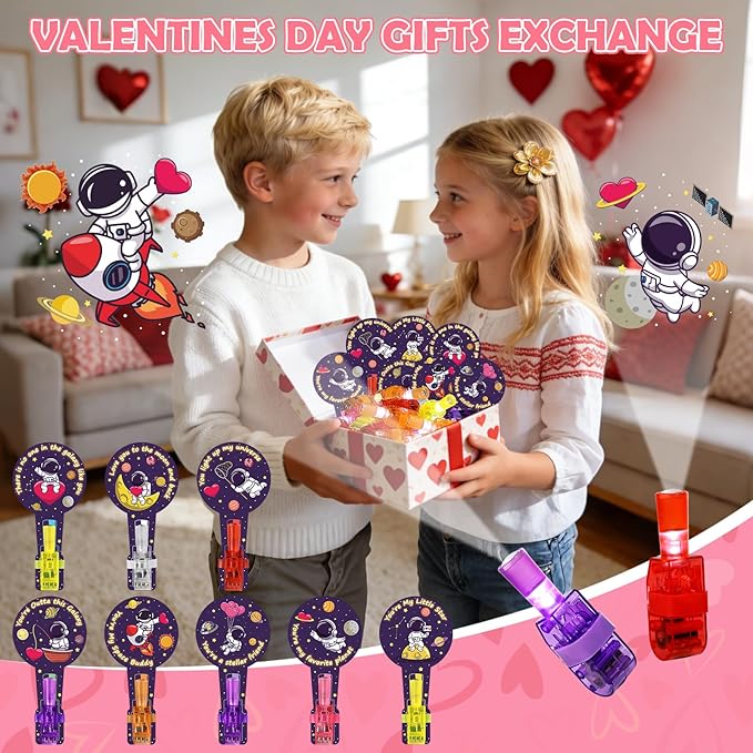 36 Pack Valentines Day Gifts for Kids Classroom LED Space Finger Lights, School Valentines Exchange Cards Gifts Prizes Space Party Favors for Boys Girls