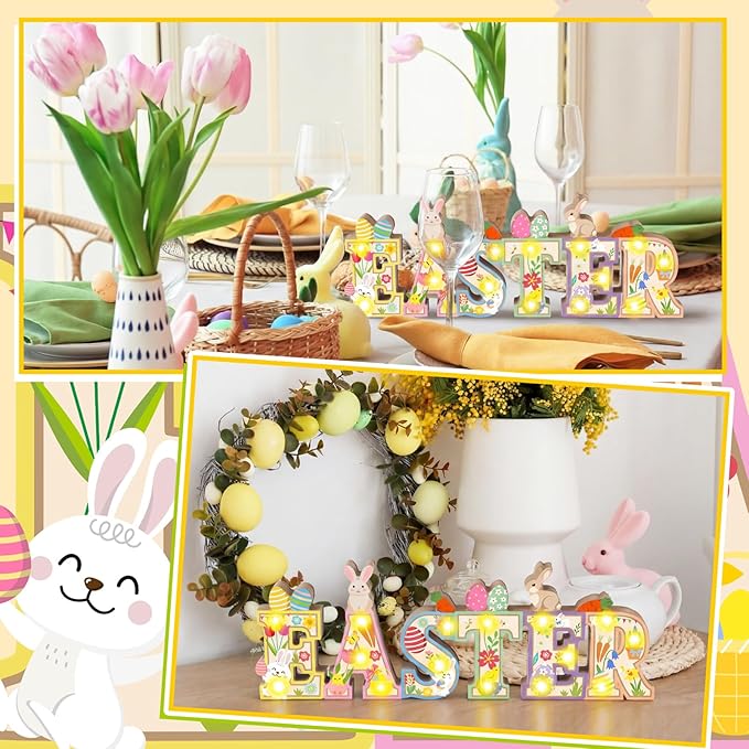 Patelai Easter Table Decoration Wooden Sign with LED Lights Easter Lighted Decor Rustic Farmhouse Table Centerpiece with 3D LED Bunny Egg Flower Tiered Tray Home Party Spring Decor (Without Batteries)