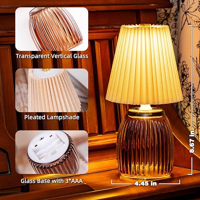 MJ Cordless Lamps with Timer 8.7 in High Battery Operated Pleated Lamp Shade for Home Decor Emergency Battery Powered Small Lamps for Livingroom Bedroom Home Decor Beige