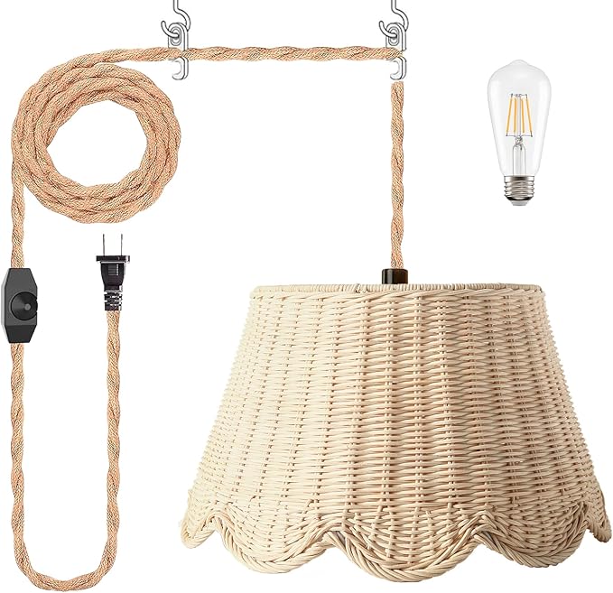 Plug in Scalloped Pendant Light, Rattan Hanging Lights with Plug in Cord 15FT Hemp Rope Cord, Dimmable Switch – Indoor Hanging Lamps for Boho Living Room Bedroom（Bulb Included） (Natural)