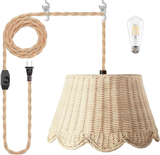 Plug in Scalloped Pendant Light, Rattan Hanging Lights with Plug in Cord 15FT Hemp Rope Cord, Dimmable Switch – Indoor Hanging Lamps for Boho Living Room Bedroom（Bulb Included） (Natural)