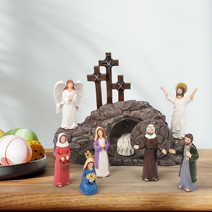 Fovths 9 Pieces Easter LED Cross Shaped Resin Table Decor Resurrection of Jesus Statue Set Easter Resin Tabletop Decoration for Indoor Holiday Home Tabletop Ornaments