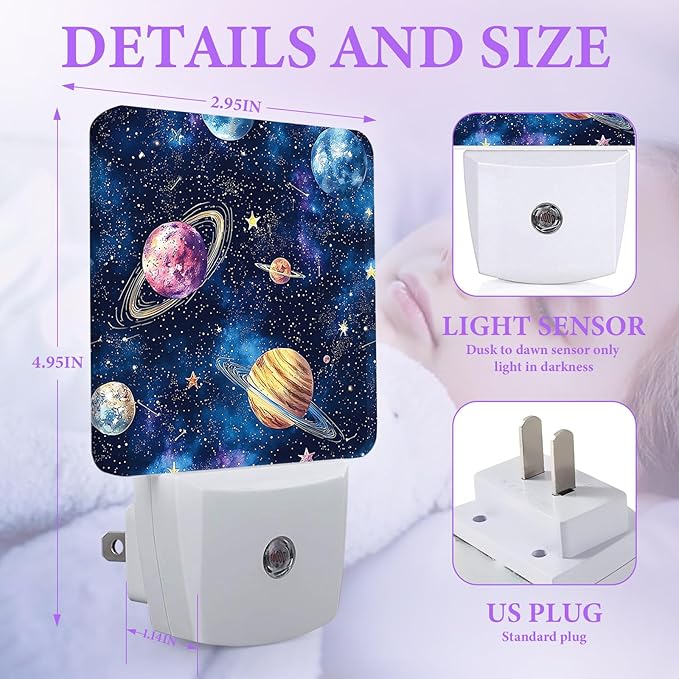 Space Planets Night Light,Solar System Plug-in Night Lights with Dusk-to-Dawn Sensor for Bedroom,Bathroom and Living Room Sleep Friendly lamp 0.5w