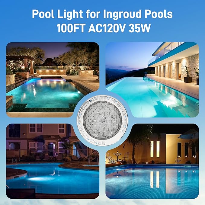 CAtArt 10 Inch Pool Light for Inground Pool (White), AC120V LED Pool Lights Suitable for 10 Inch Wet Niche, 35W, 100 Foot Cord