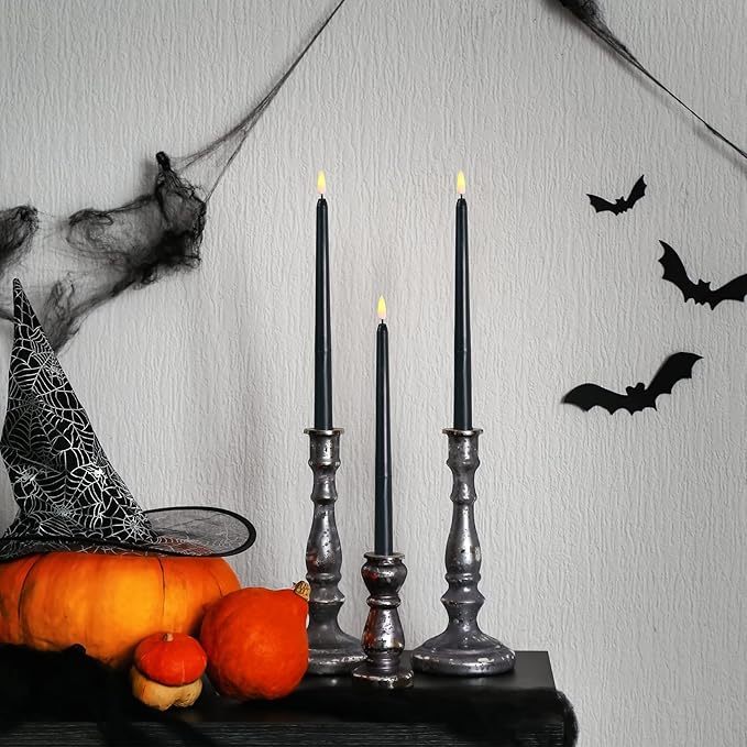 Black Flameless Taper Candles with Remote, Flickering LED Candlesticks Battery Powered Set of 6