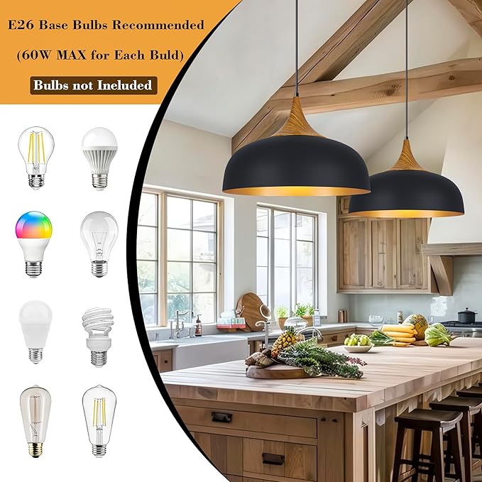 Black Farmhouse Dome Pendant Light 17.7" Large Vintage Pendant Light Fixture Hanging Wooden Pendant Lighting for Kitchen Island Dining Room Living Room Foyer Hallway