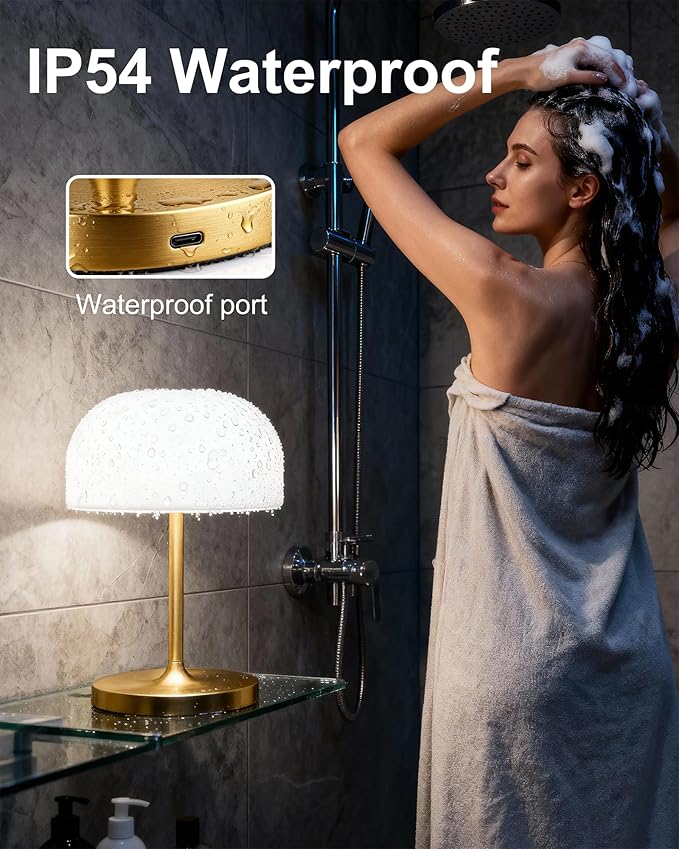 VoMii Mushroom Lamp, 9” Cordless Table Lamp Waterproof Shower Lamps with 4000mAh Battery Rechargeable & 3 Color Temperatures, Dimmable LED Night Light for Bathroom, Bedroom & Home Decor - Brass