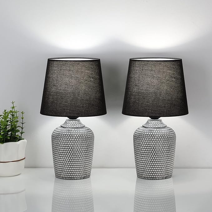 Sucolite 11.8'' Small Table Lamps Set of 2, Bedside Nightstand Lamps for Bedroom Kid’s Room, Cute Desk Lamps with Studded Texture Base for Reading Nursery Living Room Office, Black