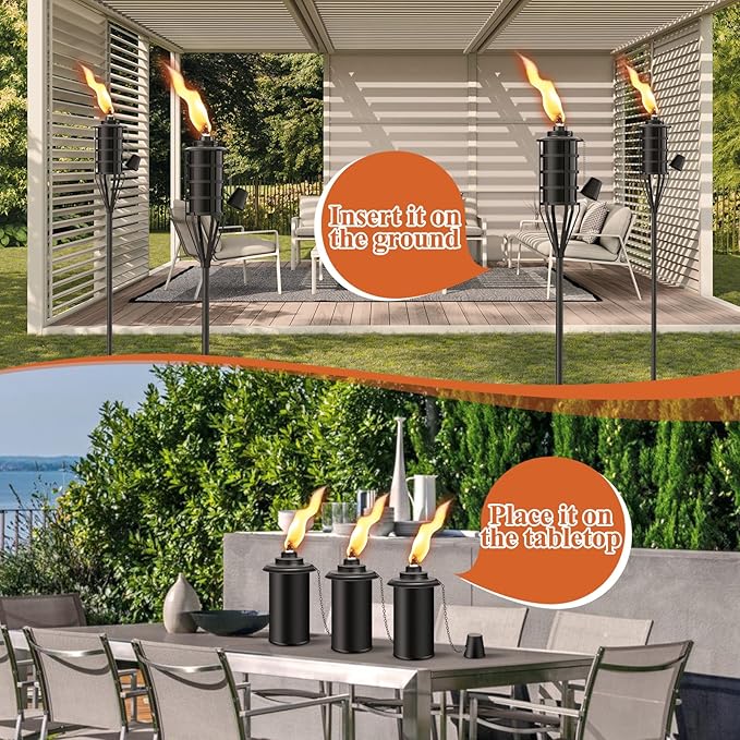 Upgraded Citronella Garden Torch Set of 6, Large Capacity 16oz Metal Torch for Outside, 59.5 Inch Black Home Torches with 3-Prong Grounded Stake,Metal Flame Torch Light for Party Patio Pathway