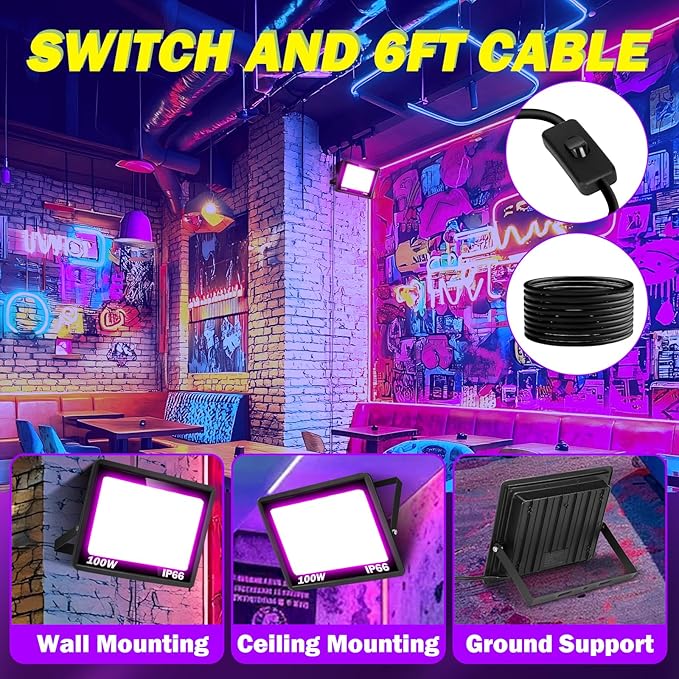 2 Pack 100W LED Black Light, IP66 Waterproof Outdoor Blacklight Flood Light Spotlight with Plug, Switch, Cord for Neon Glow Party Fluorescent Poster Body Paint Stage Lighting Halloween Decor